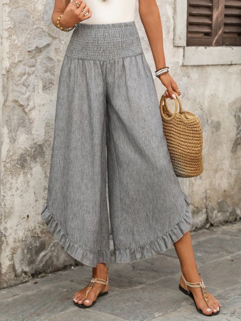 Boho Grey Women's Casual High Waist Ruffled Wide Leg Pants